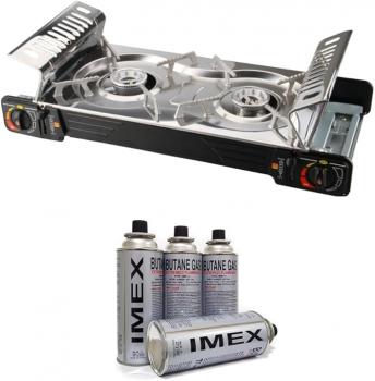 IMEX Edelstahl 2 Flammiger Outdoor Doppelgaskocher mit 4 Gaskartuschen